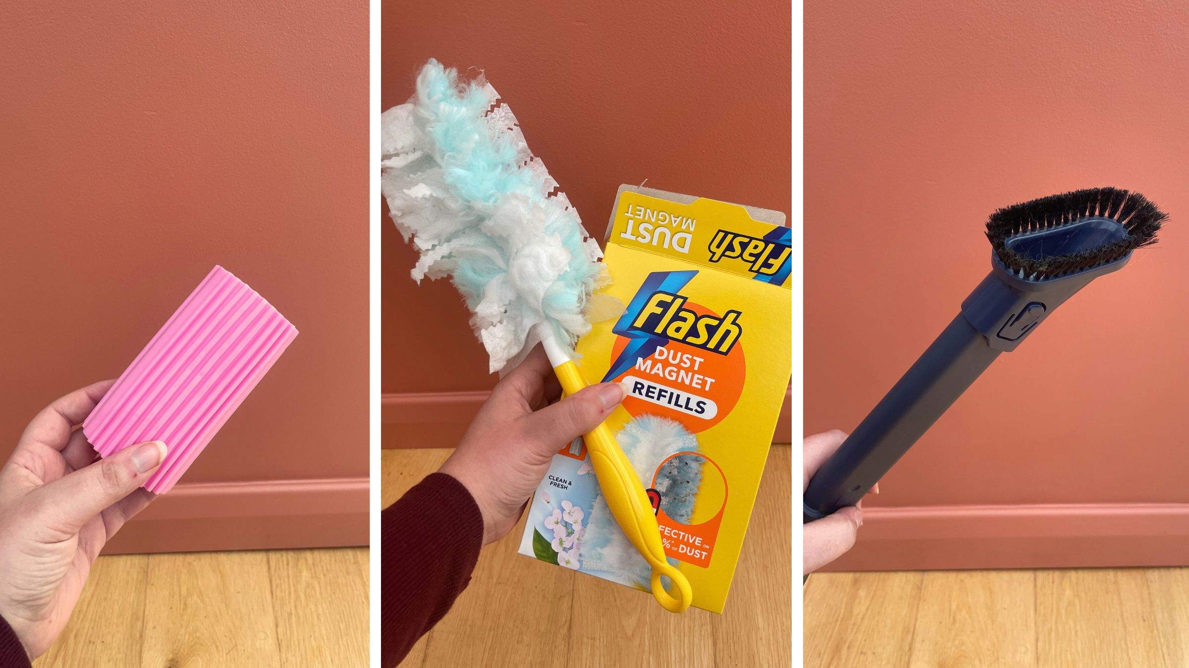 A damp duster, flash dust magnet and vacuum dusting tool being held up by a hand in front of a pink painted wall