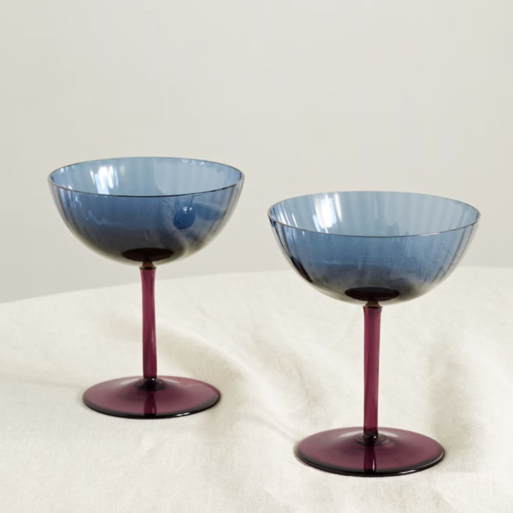 Two blue and purple Murano glass champagne coupes