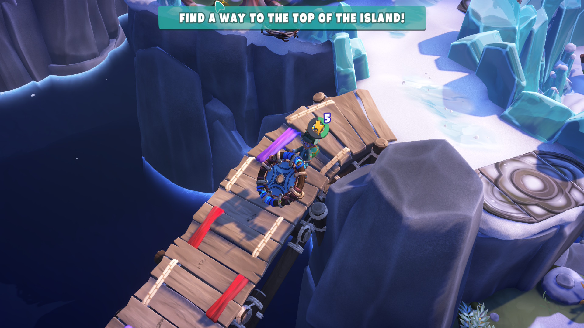 Using a makeshift bridge to find a way to the top of a snowy island in Survival Kids