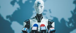 An AI robot stood at a podium