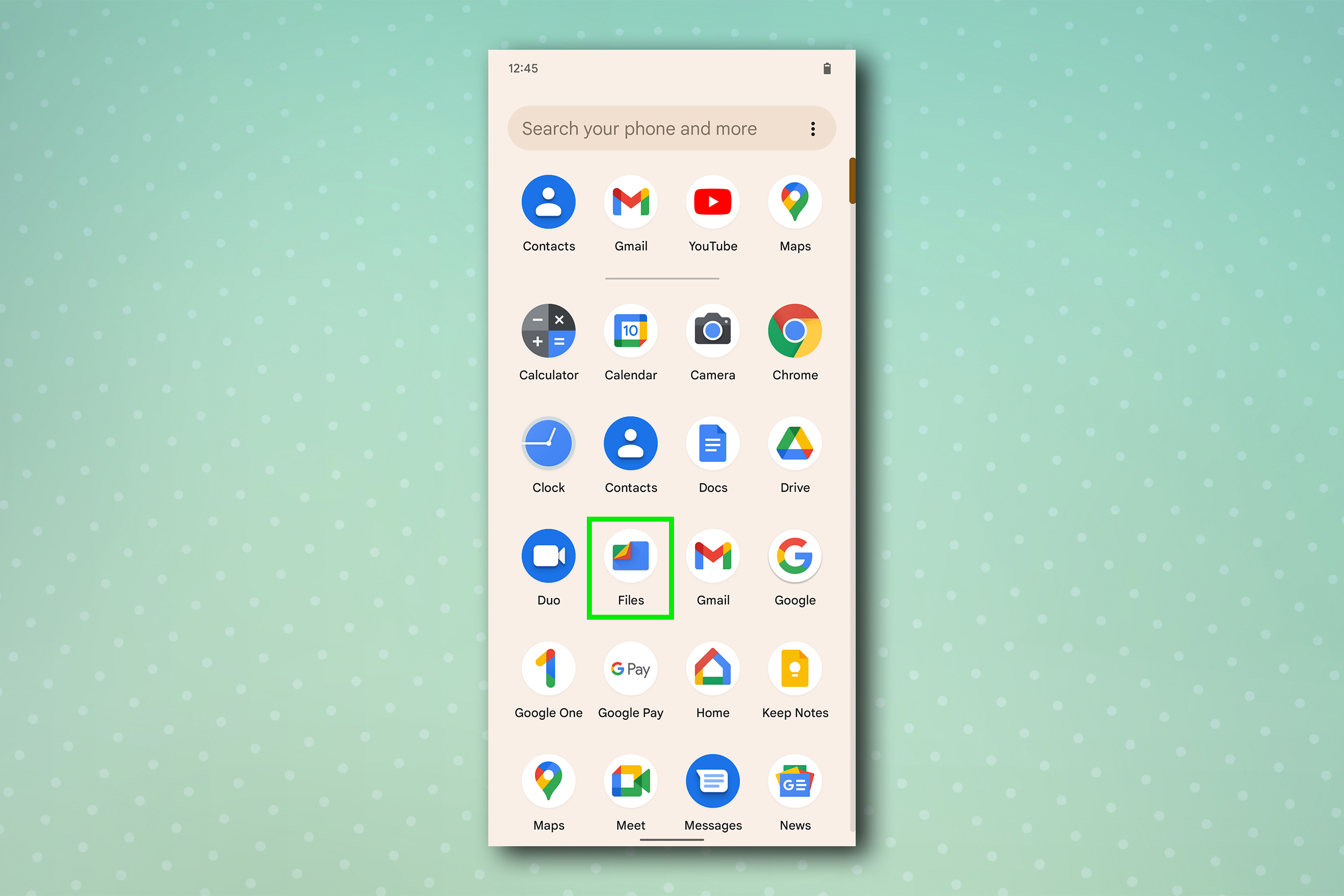 An image of the Apps menu on a Google phone, with the Files folder highlighted