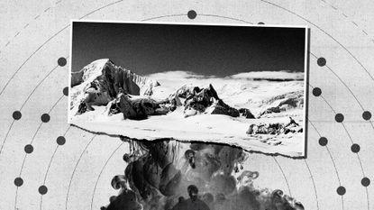 Illustration of an Antarctic landscape, the electron diagram of mercury, and leaking liquid