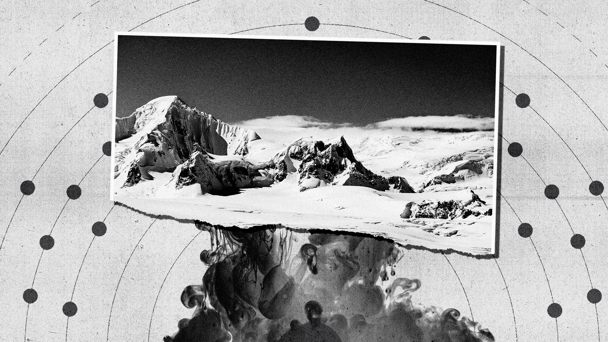 Illustration of an Antarctic landscape, the electron diagram of mercury, and leaking liquid