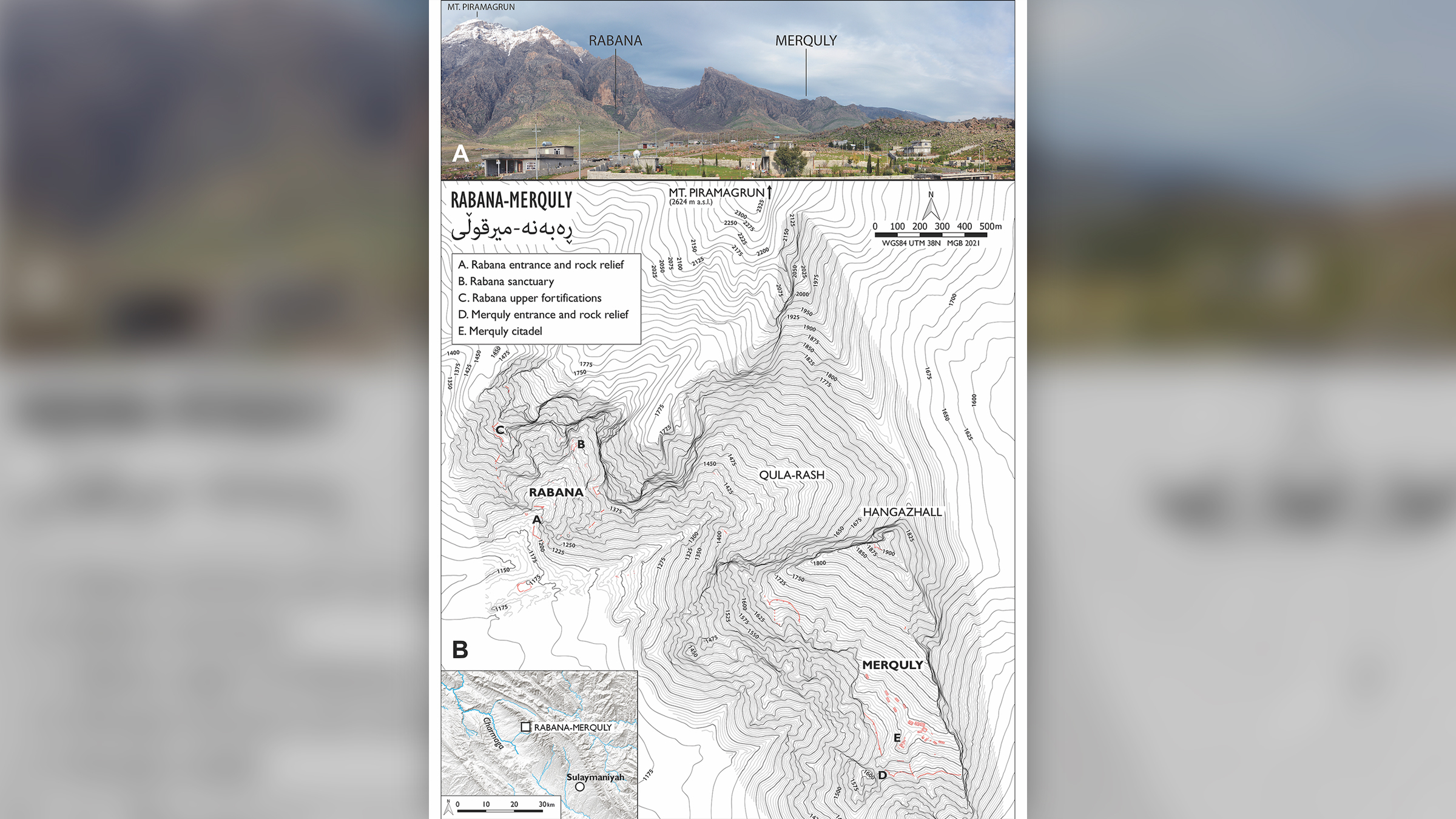 A photo (top) of Mount Piramagrun, highlighting the Rabana and Merquly settlements, and a topography (bottom) of Rabana-Merquly.