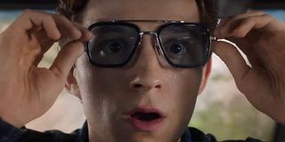 Spider-Man: Far From Home Peter wearing the EDITH glasses, looking shocked