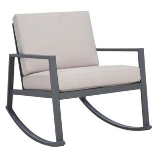 Gray colored rocking chair with low profile and cream back and seat cushions