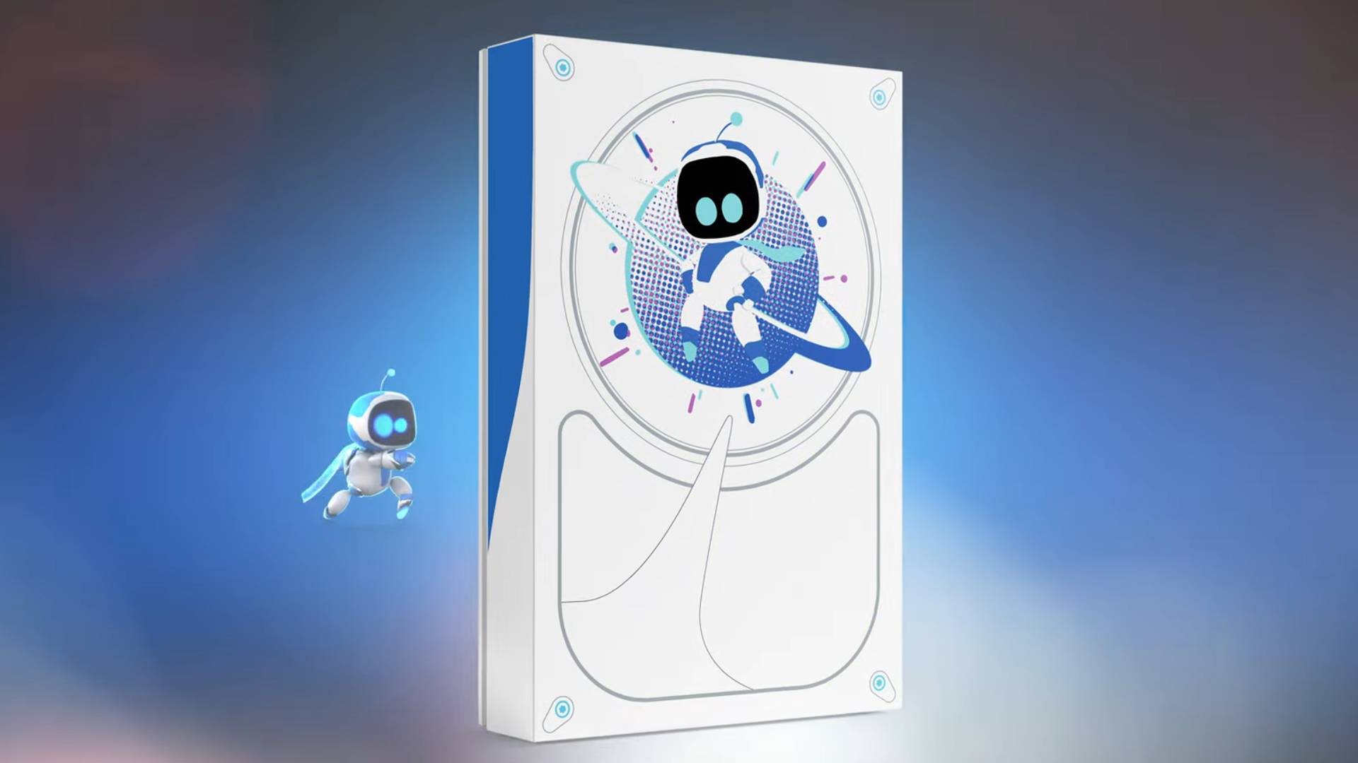 Screenshot from the Astro Bot Limited Edition Game Drive: A Drive Built for the Cosmos YouTube video showing the drive with a blue and white background.