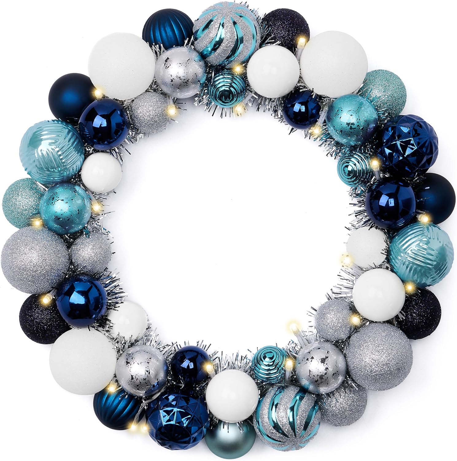 Valery Madelyn Pre-Lit Christmas Ball Wreath for Front Door With Lights, 13&#039;&#039; Lighted Christmas Wreath With Silver Blue Xmas Ball for Fireplace Window Outdoor Table Centerpiece Holiday Home Decoration
