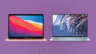 Apple MacBook Air and Dell XPS 13 on purple background