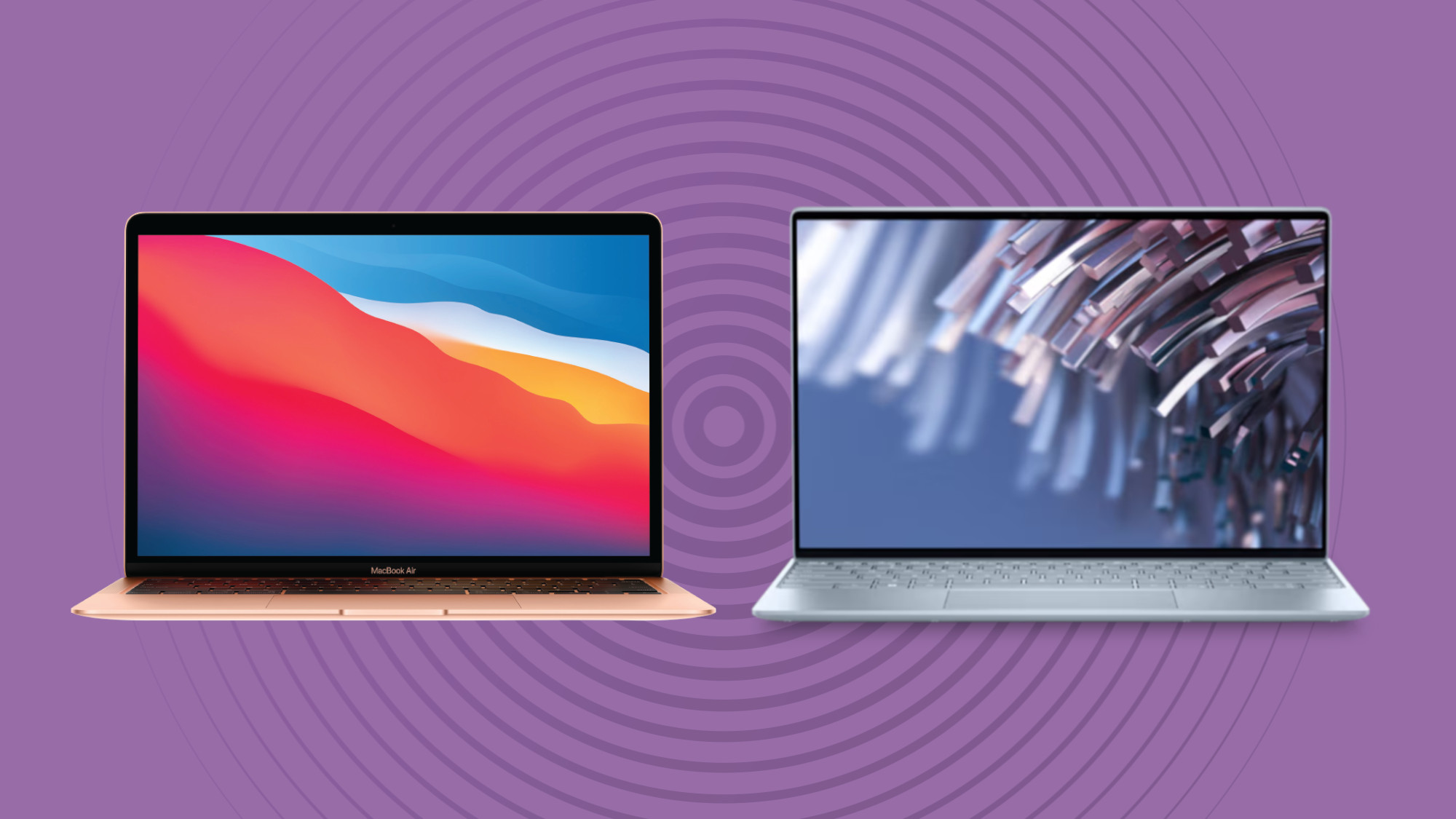 Apple MacBook Air e Dell XPS 13 su sfondo viola
