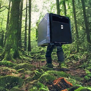 A PC with legs walking through a forest, generated by Stable Diffusion AI image tool