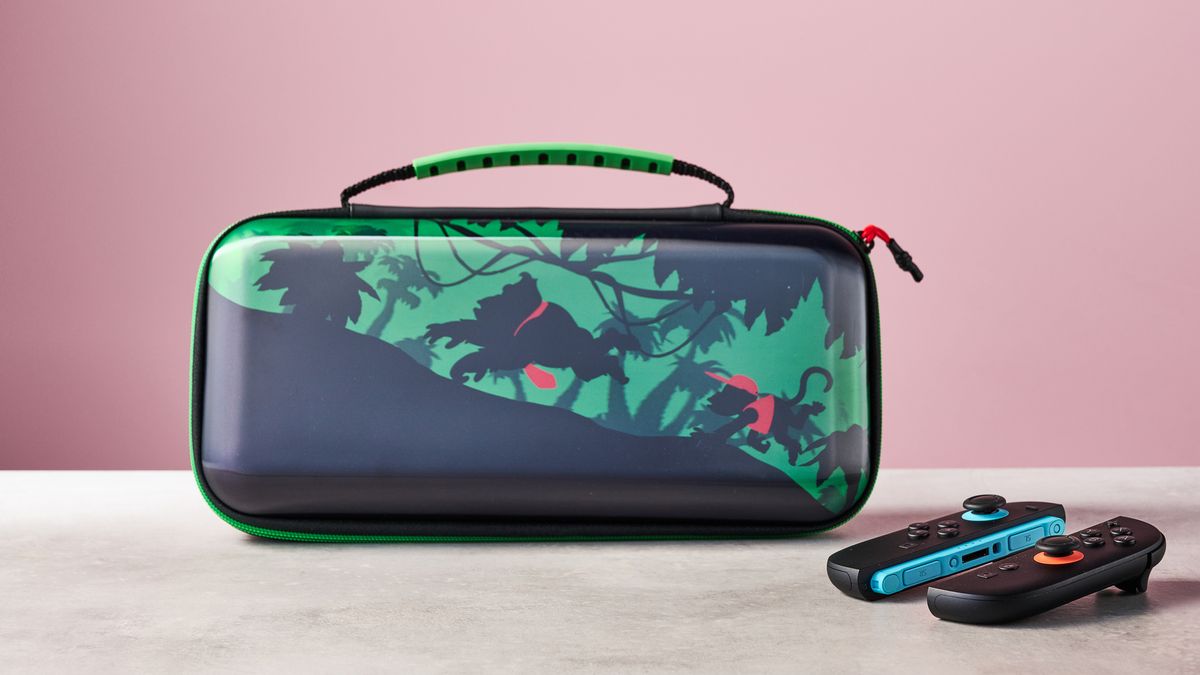 Turtle Beach PlayTrek Travel Case for Nintendo Switch 2 on table with Joy-Con 2 controllers