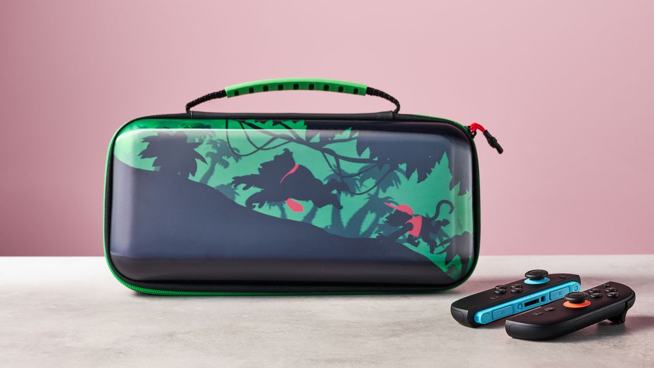 Turtle Beach PlayTrek Travel Case for Nintendo Switch 2 on table with Joy-Con 2 controllers