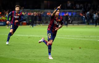 Neymar celebrates after scoring for Barcelona against Juventus in the 2015 Champions League final.