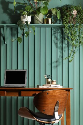 indoor plant ideas: office set up with trailing plants from shelf