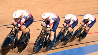 Britain's Ethan Hayter, Britain's Edward Clancy, Britain's Ethan Vernon and Britain's Oliver Wood compete in the men's track cycling team pursuit qualifying event during the Tokyo 2020 Olympic Games at Izu Velodrome in Izu, Japan, on August 2, 2021