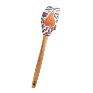A painted spatula with a pear and fruit pattern