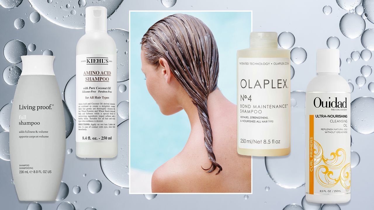 Image of woman with shampoo in wet hair and collage of shampoos from living proof, olaplex, ouidad, and kiehl&#039;s overlaid bubble background