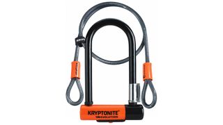 Kryptonite Evolution Mini-7 D-lock and cable on white background