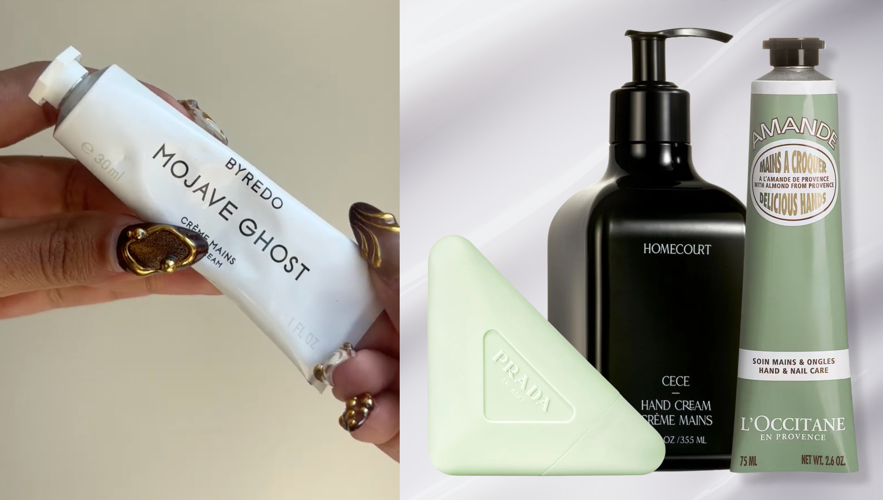 hand creams in a duo of photos on a cream background, one is next to a black bottle, the other is being held by manicured hands