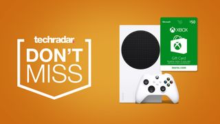 Xbox Series S and Xbox Gift Card on orange background next to techradar dont miss badge