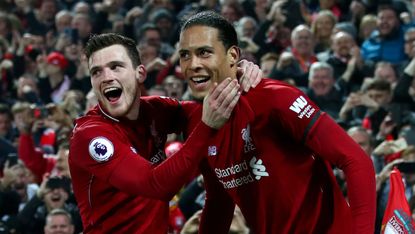 Liverpool’s Andy Robertson and Virgil van Dijk celebrate a goal in the 5-0 win against Watford on 27 February