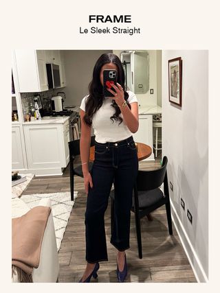 Sierra Mayhew, fashion editor, reviewing jeans.