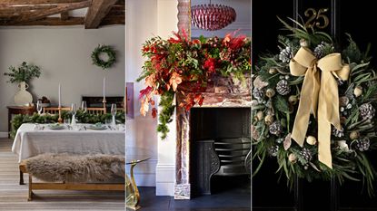 A simple rustic dining table with green garland and candlesticks / A white fireplace mantel with a large, lush real pine garland with red flowers / A black front door with real green and white wreath