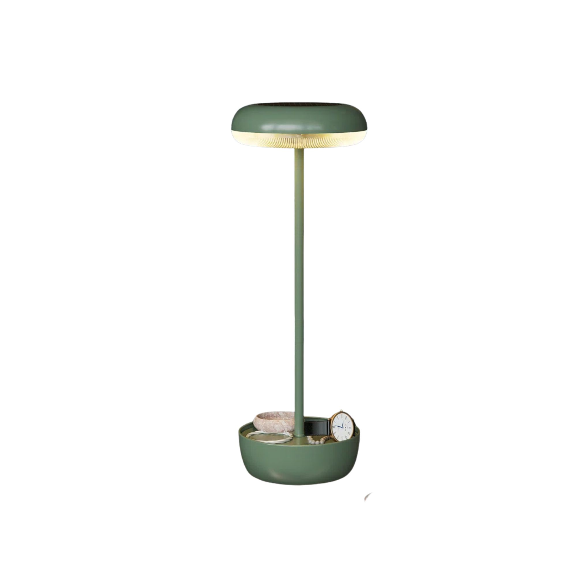 A green mushroom-shaped table lamp with bracelets in the base of it