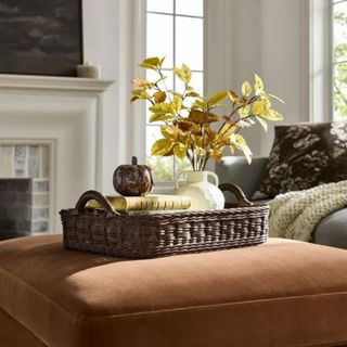 An ottoman with a decorative tray and yellow artificial plant