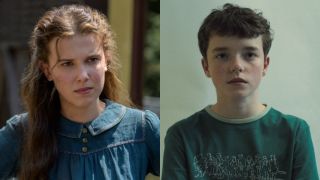 From left to right: Millie Bobby Brown looking stern in Enola Holmes and Owen Cooper looking forward in Adolescence.