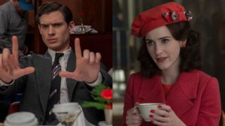 David Corenswet on the set of Hollywood and Rachel Brosnahan in a scene from The Marvelous Mrs. Maisel, pictured side-by-side.