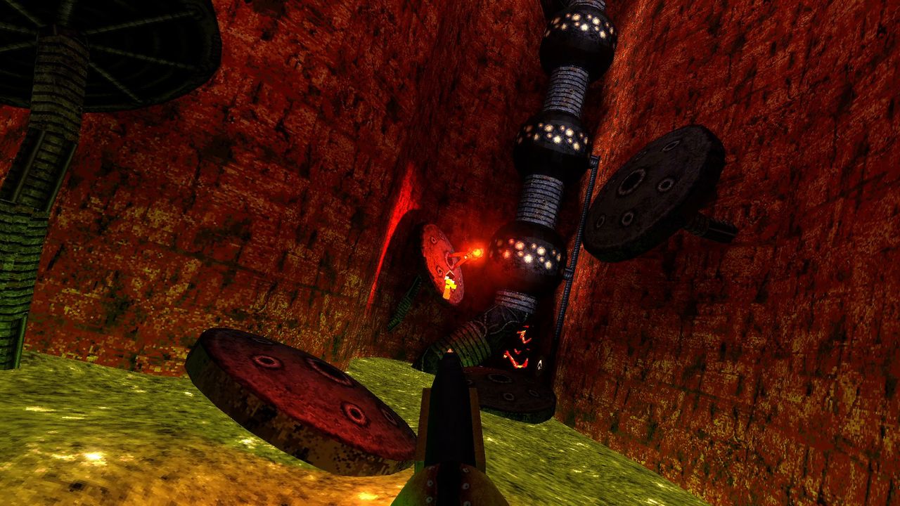view of red chasm with alien tech