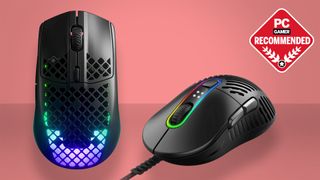 Best light gaming mouse buying guide header image with two mice on a red background