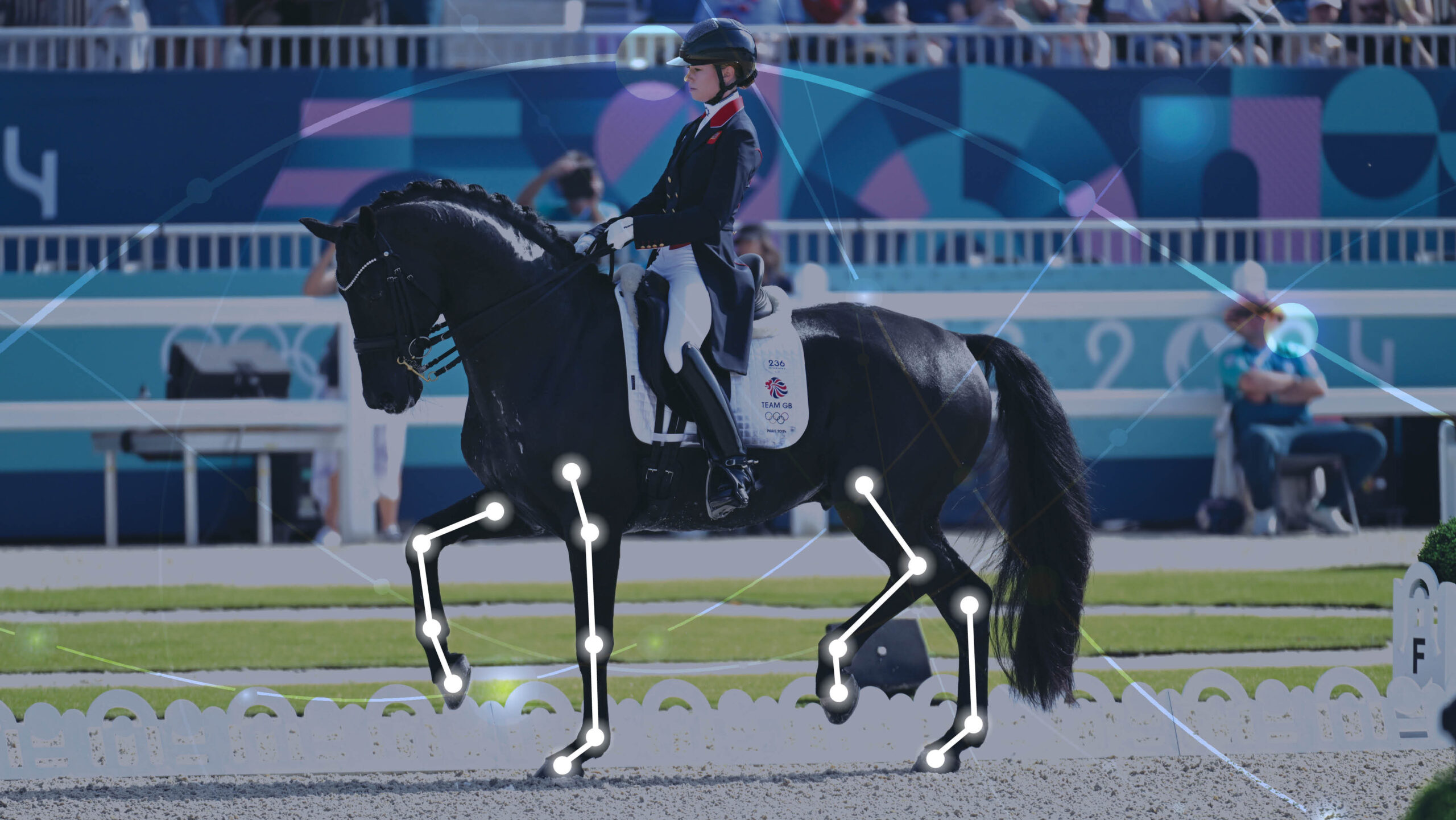 Lottie Fry and Glamourdale competing at the Paris 2024 Olympics, overlaid with white dots and lines tracking skeletal points on the rider's body, illustrating how AI dressage judging and motion-capture technology could analyse performance in the arena.