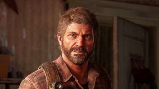 Joel, a middle-aged survivor from the Last of Us, stares intensely during a heated argument.