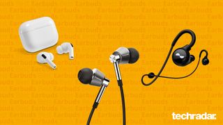 Best earbuds compilation image of three pairs of earbuds on a yellow background.
