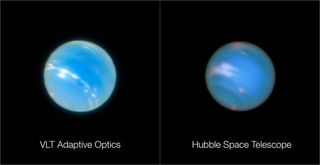 The Very Large Telescope's new, adaptive-optics-powered view of Neptune is comparable to that of the Hubble Space Telescope. (The two images don't match because they weren't taken at the same time.)