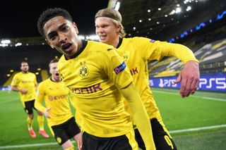 Jude Bellingham celebrates after scoring for Borussia Dortmund against Manchester City in the Champions League in April 2021.