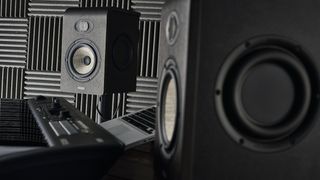 Close up on a pair of studio monitors in the studio