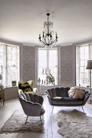 Elegant grey living room in Pearl Lowe's home