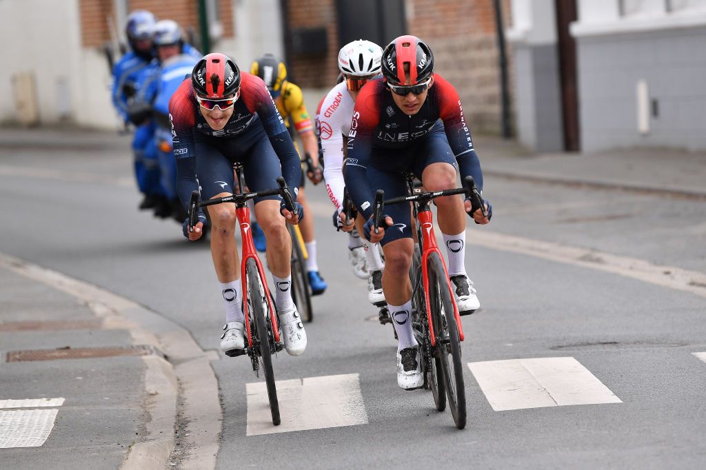 DENAIN FRANCE MARCH 17 LR Ben Turner of United Kingdom and Magnus Sheffield of United States and Team INEOS Grenadiers compete in the breakaway during the 63rd Grand Prix De Denain Porte du Hainaut 2022 a 2003km one day race from Denain to Denain GPDenain on March 17 2022 in Denain France Photo by Luc ClaessenGetty Images