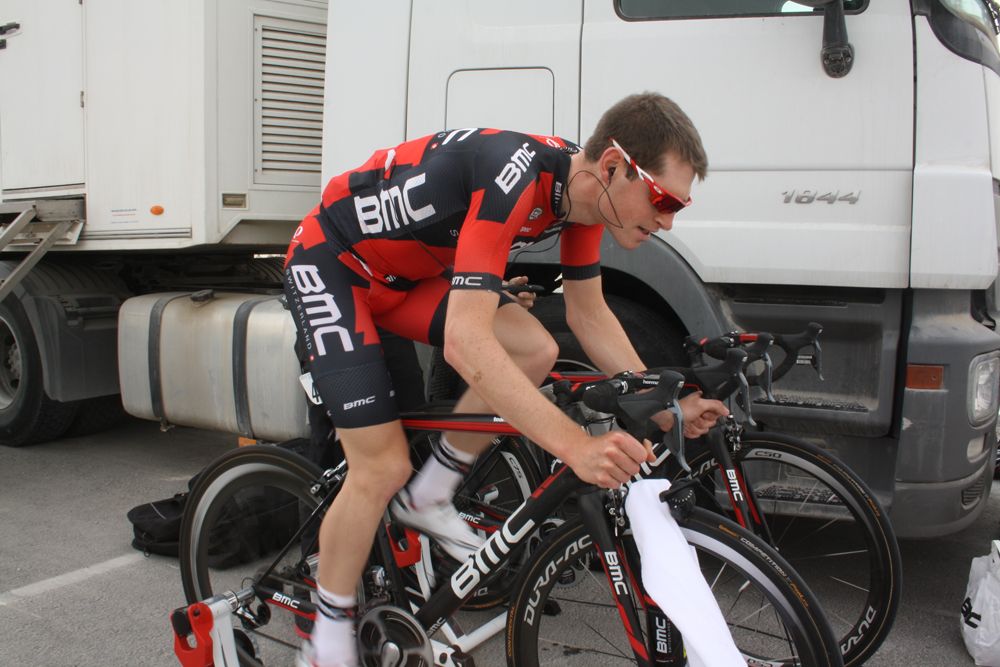 The BMC riders warmed up in the shade at the start of the TT