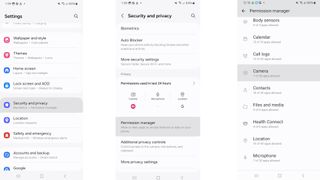 Screenshots showing how to open the Permission manager settings on Android phones