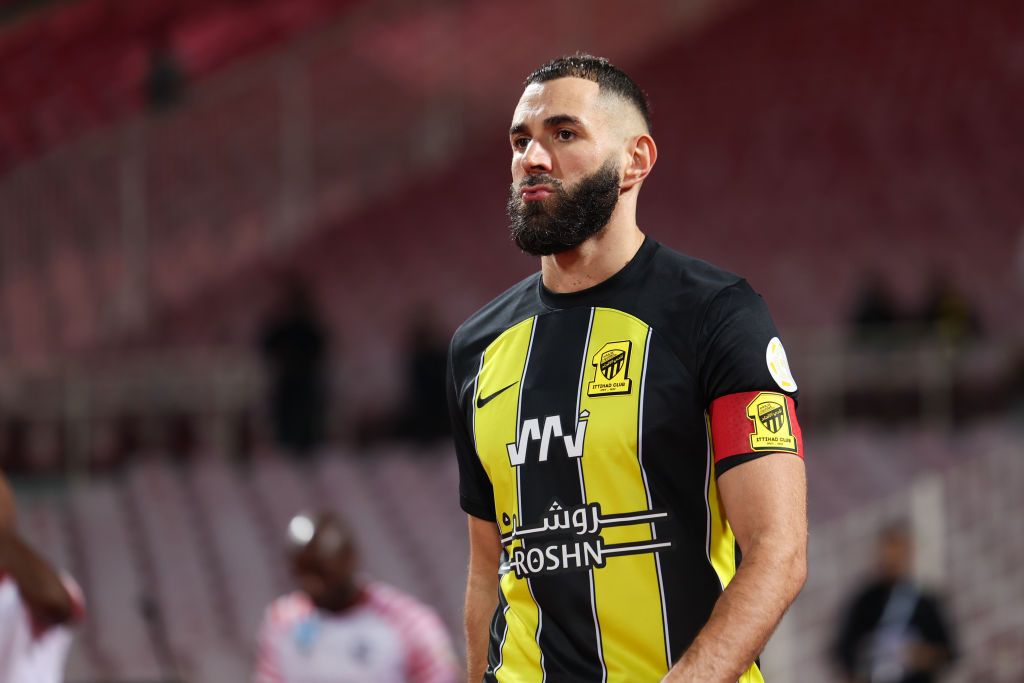 Karim Benzema of Al Ittihad looks on prior the Saudi Pro League match between Al-Ittihad and Al-Raed at King Abdul Aziz Stadium on December 23, 2023 in Mecca, Saudi Arabia. (Photo by Yasser Bakhsh/Getty Images)