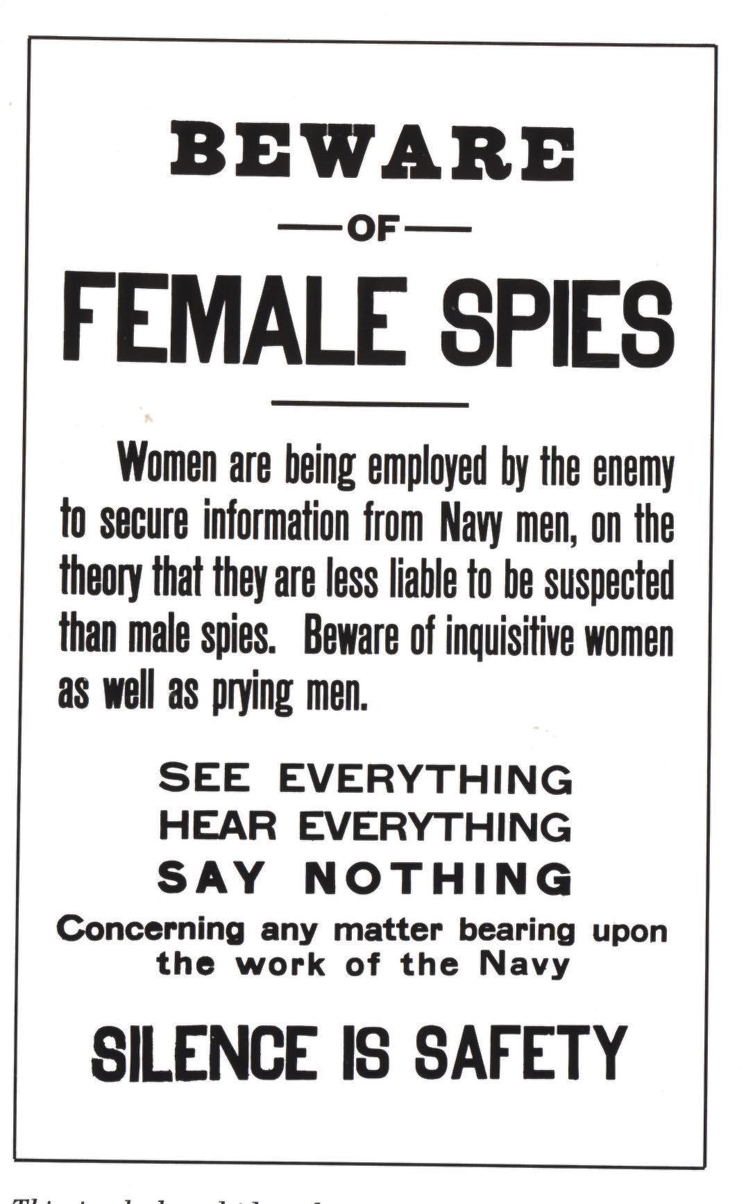 A poster warning of the danger of female spies