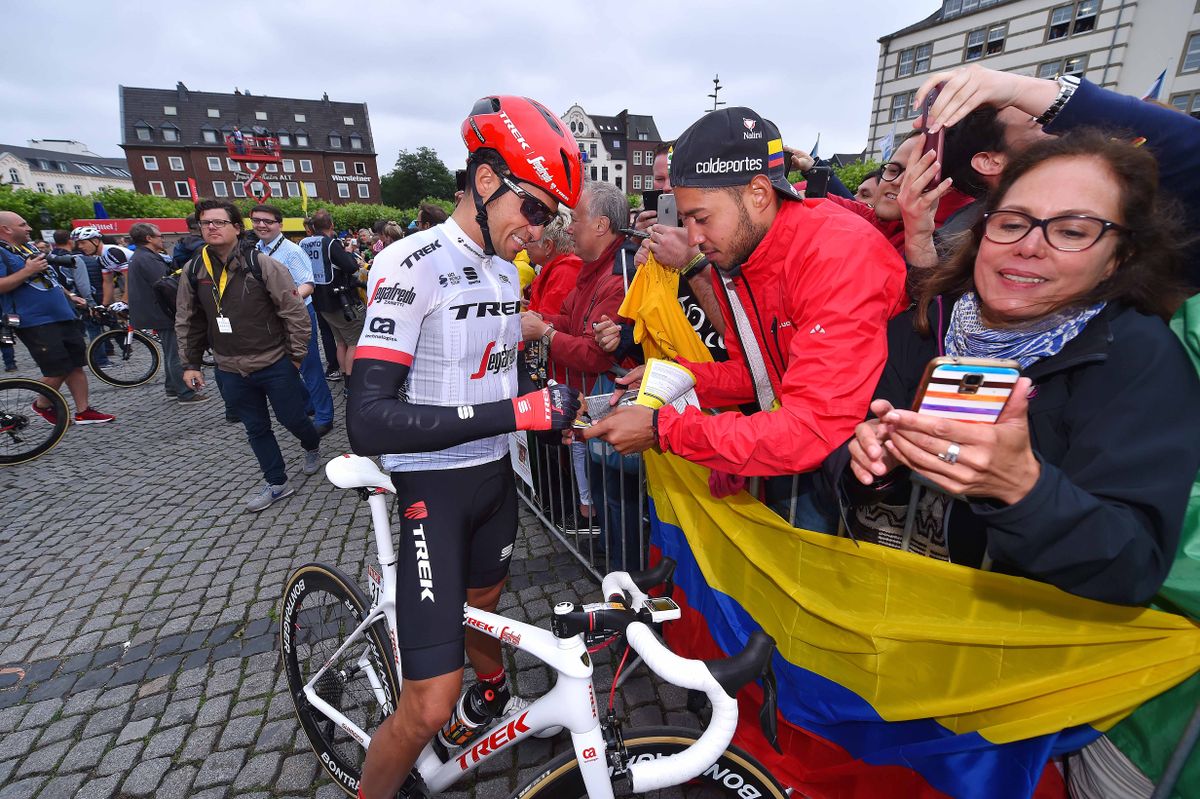 Alberto Contador with the fans on stage 2 of the Tour de France