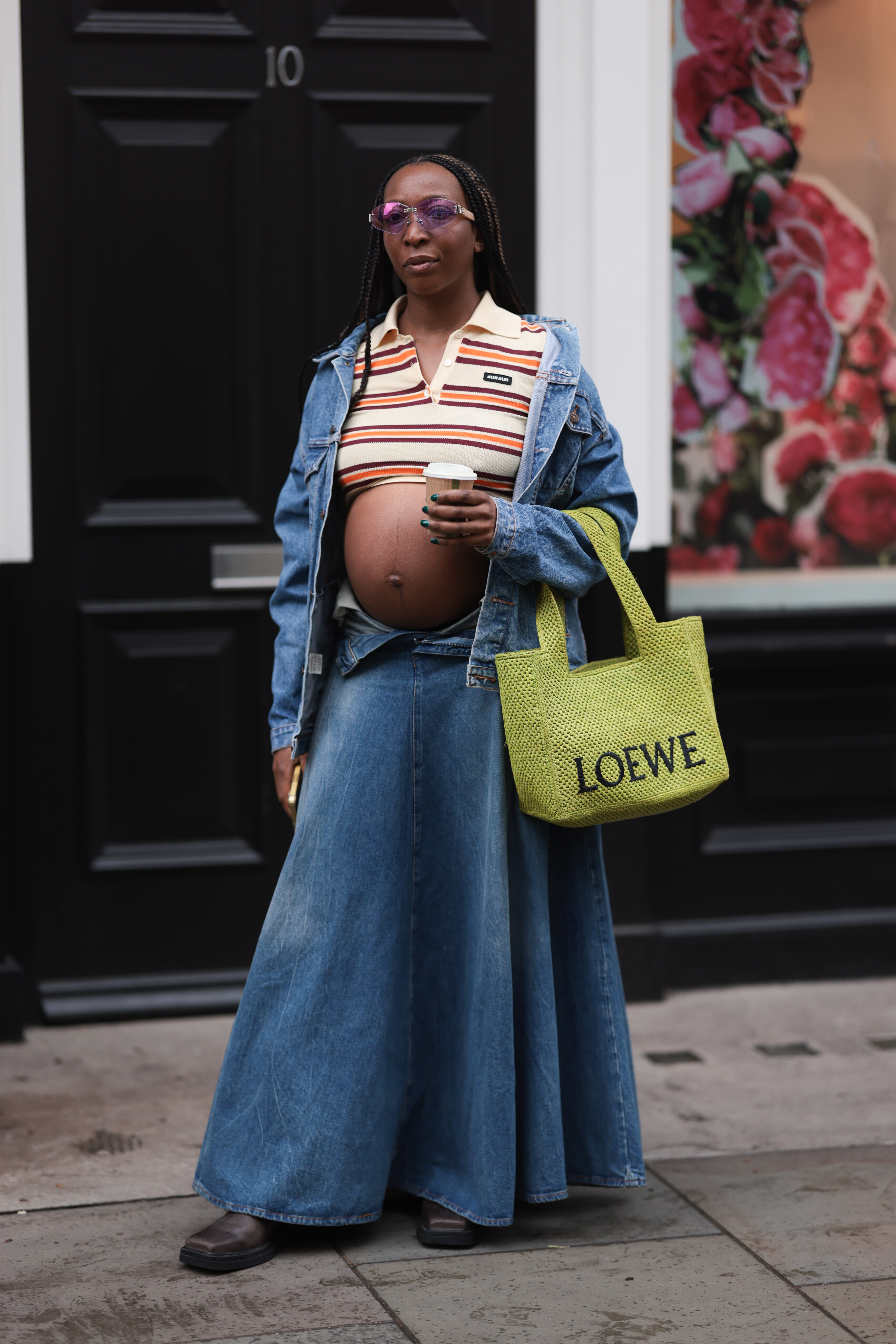 Woman wearing a maxi denim skirt