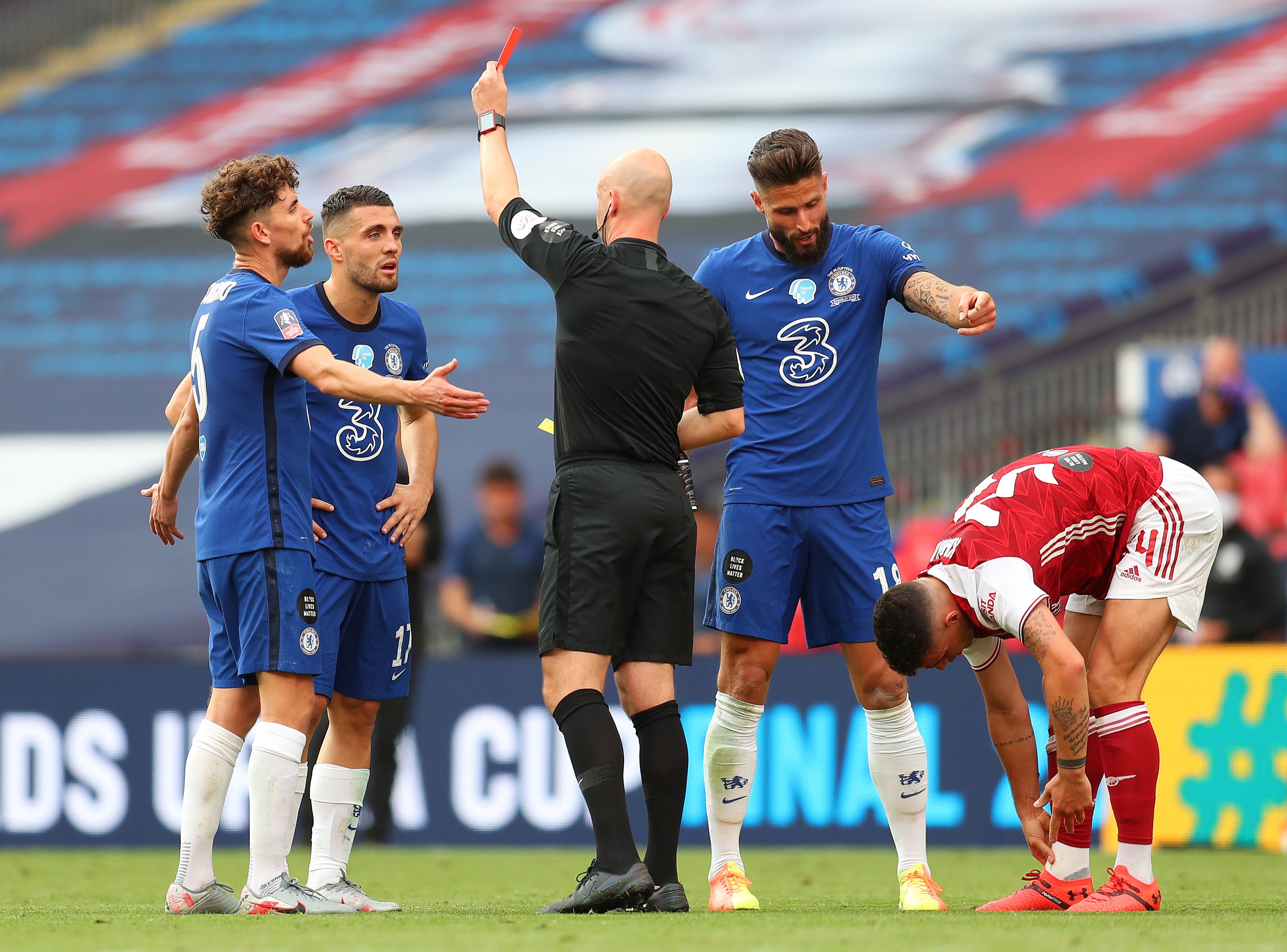 Chelsea's Mateo Kovacic is shown the red card in the 2021 FA Cup final against Arsenal.