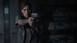 The Last of Us Part 2 Remastered - Ellie holding her gun and pointing it at someone off camera